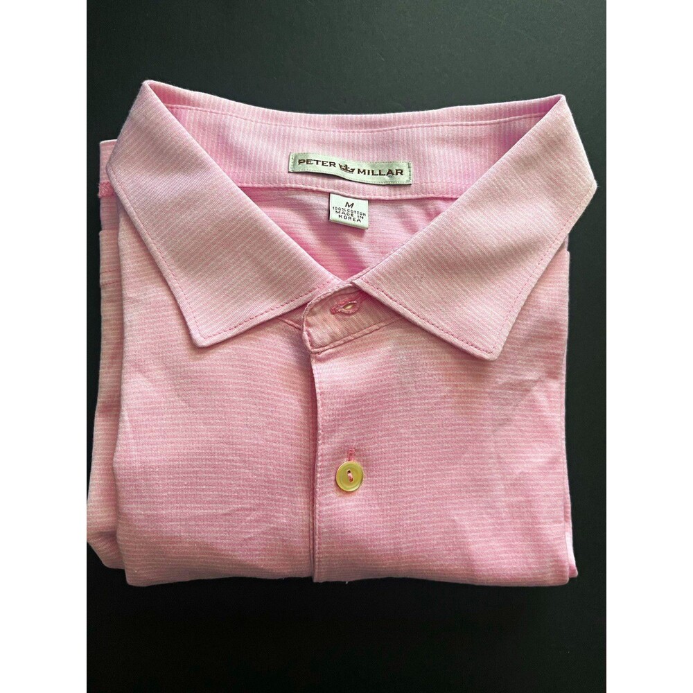 Peter Millar Polo Men’s Medium Pink White Striped 100% Cotton Collared Button